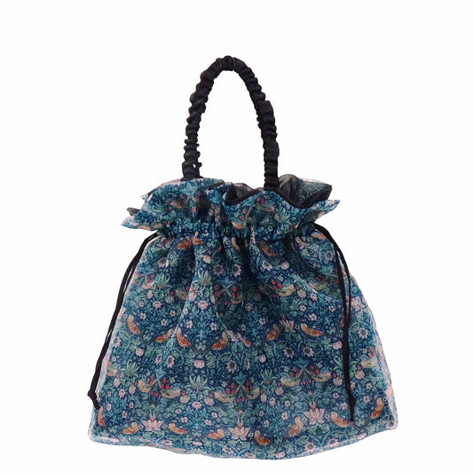 リバティーオーガンジーを使った巾着手さげバッグ正面画像:柄 ストロベリーシーフ ブラック